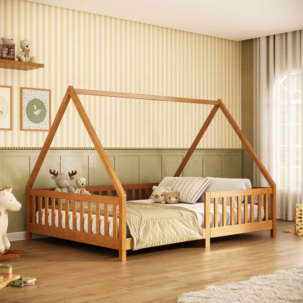 Cama Casal Montessoriana Infantil Telhado Removível Madeira Mel Com Estrado Ravi com Pe