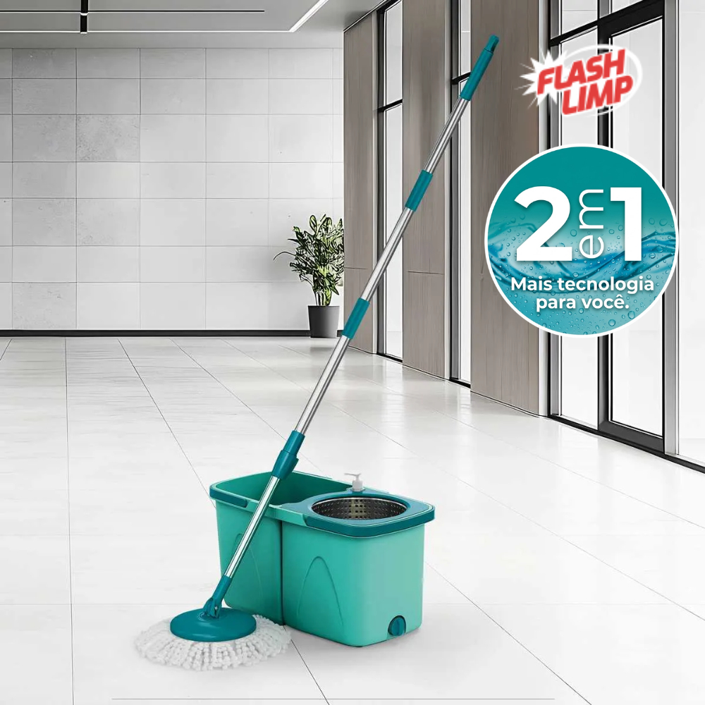 Mop Giratório Pro Duas Águas Balde Duplo 9L Flash Limp Limpeza Poeira Casa Escritório Piso MOP 7824
