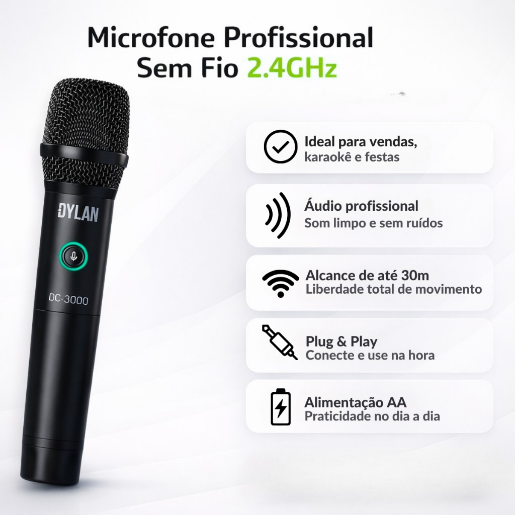 Kit Microfones Sem Fio Duplo Dylan Dc3000 Profissional Plug and Play Portatil P10 — imagem 2 de 2