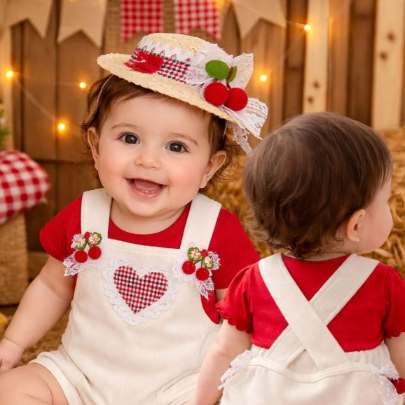 Romper Cerejinha Pied Poule Renda Bebê e Tiara Chapéu Palha Festa Junina Quadrilha Arraia, Roupa Fotografia Xadrez