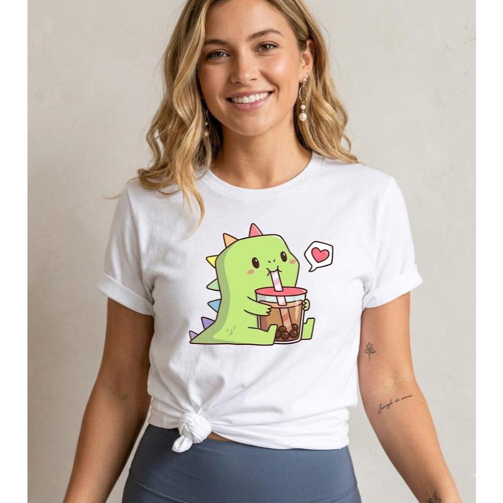 Camiseta Feminina Dino Blusa estampada Branca de algodão Promoção