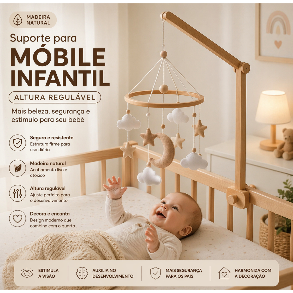 Suporte para Móbile de Bebê Madeira Regulável Decoração Quarto Infantil