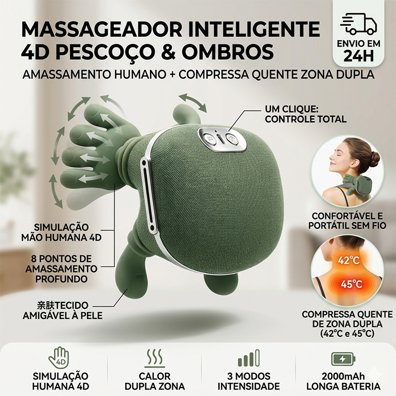 Massageador de Pescoço 8 Pontos com Aquecimento Duplo – Relaxamento para Ombros, Trapézio e Alívio de Tensões