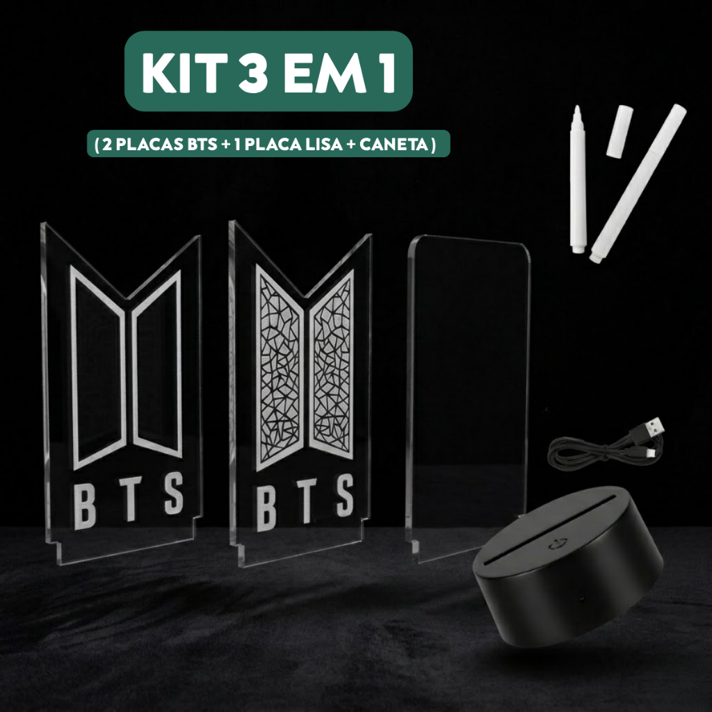 Kit Luminária em Acrílico BTS KPOP + Luminária Escrita para Presente Branca
