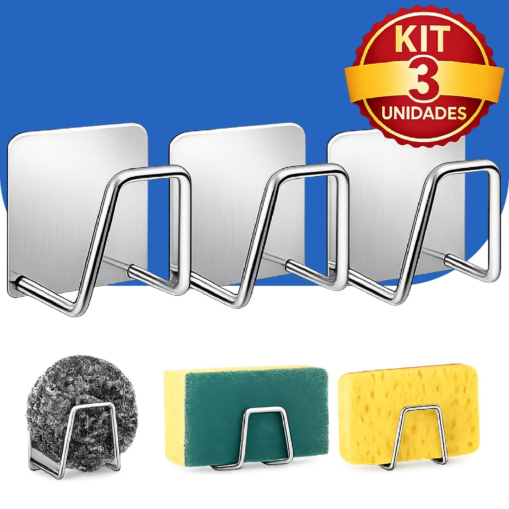 Kit 3 Suportes De Esponja Bucha Gancho Para Pia E Cozinha Aço Inox Autocolante Linha Premium