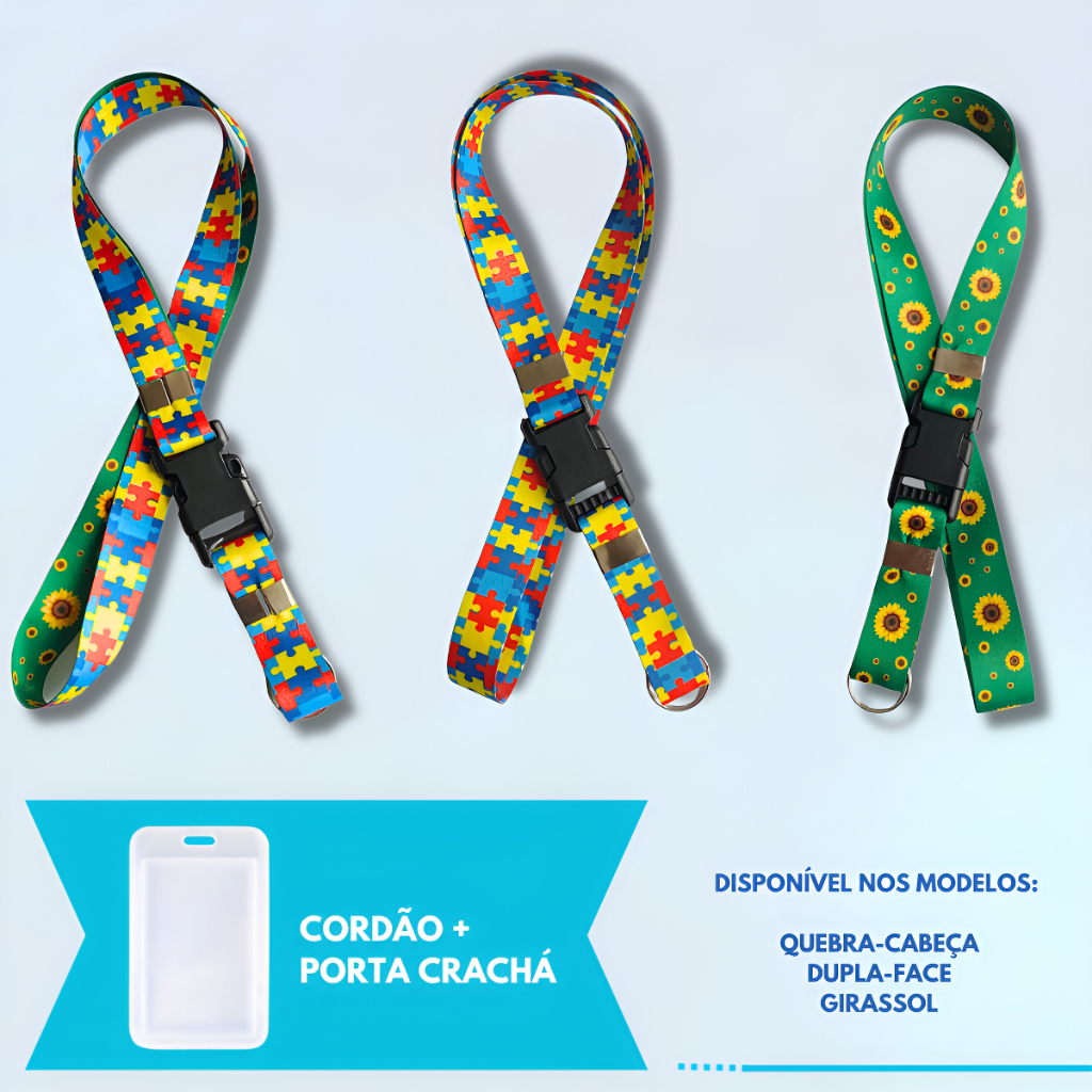Cordão Identificação c/ Porta Cartão Transparente TEA Autismo Doença Oculta Quebra Cabeça Girassol