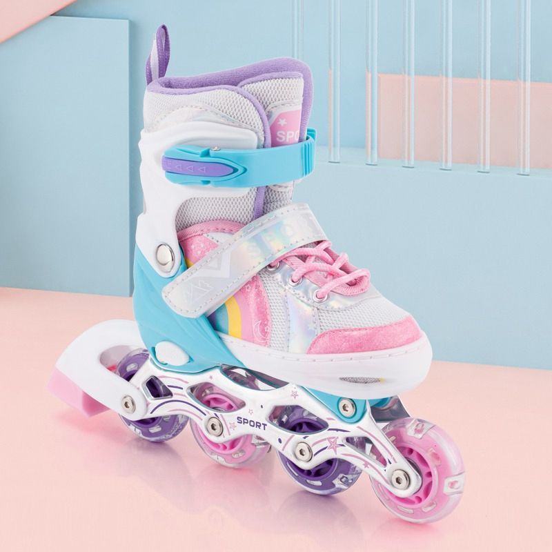 Patins Roller Arco Iris Com Led Rosa