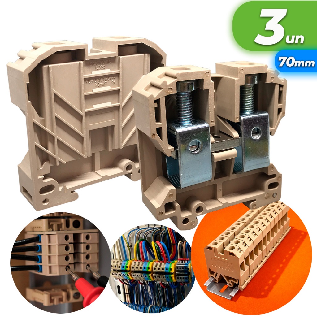 Kit 3x Conector Borne Sak 70mm Bege Conector Borne de Passagem Elétrico Fixação Trilho Din Atacado