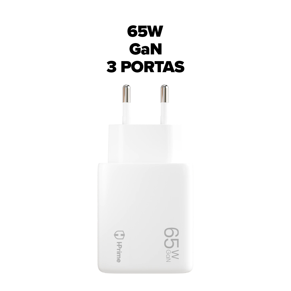Carregador Turbo 65W GaN 3 Portas USB-C USB-C USB-A Hprime Notebook MacBook iPad iPhone Anatel