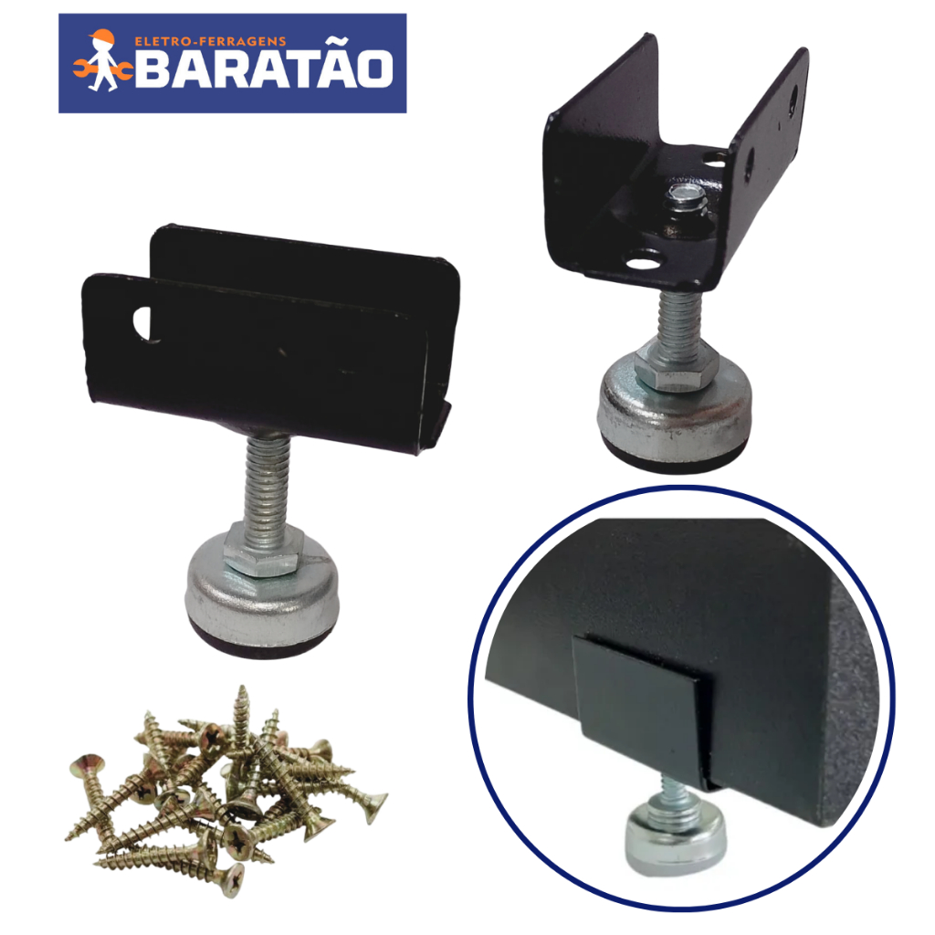 Kit Sapata Pé Nivelador Prata Preto 1/4" Com Chapa U para MDF 15mm ,18mm ou 25mm