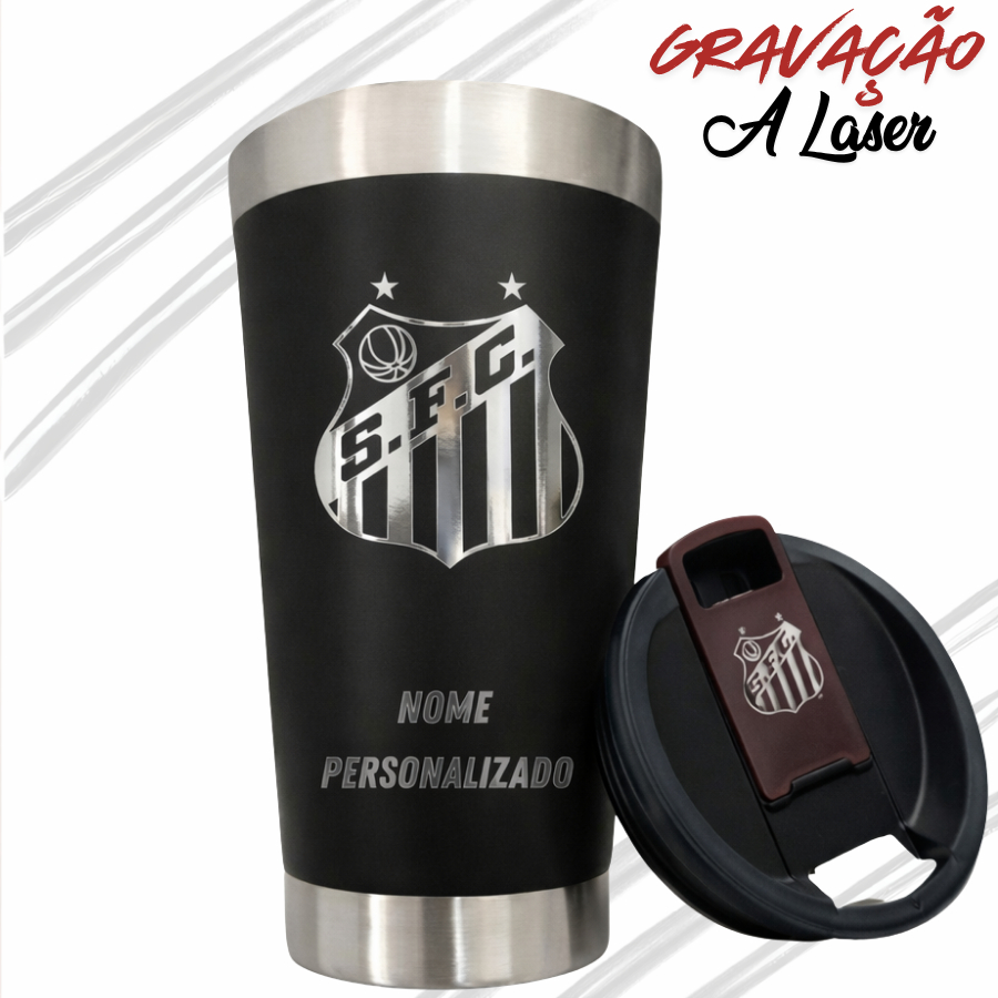 Copo Do Santos personalizado Preto Térmico C/tampa E Abridor 473ml em Oferta na Shopee