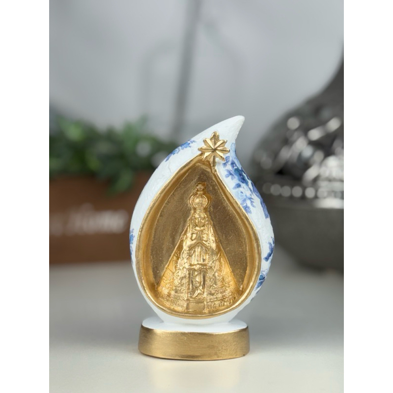 imagem nossa senhora aparecida 15cm lembrancinha gota gruta flor azul dourado gesso