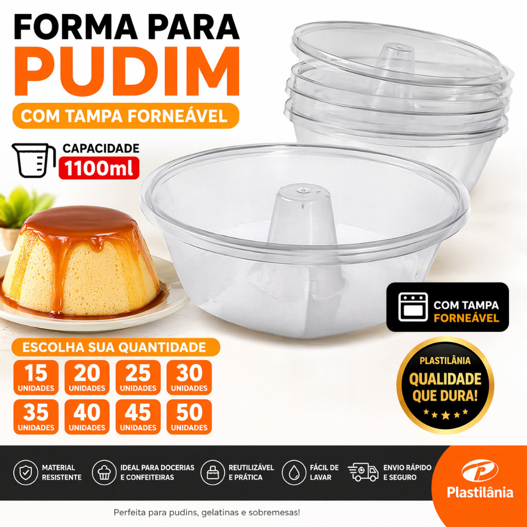 Kit Forma para Pudim 1100ml com Tampa Forneável Plastilânia | 15 20 25 30 35 40 45 50 Unidades | Ideal