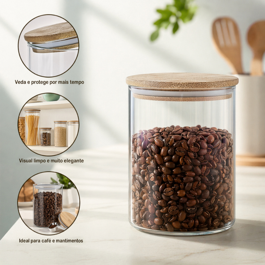 Pote De Vidro Com Tampa De Bambu Hermética Para Arroz Feijão Alimentos Armazenamento Achadinhos