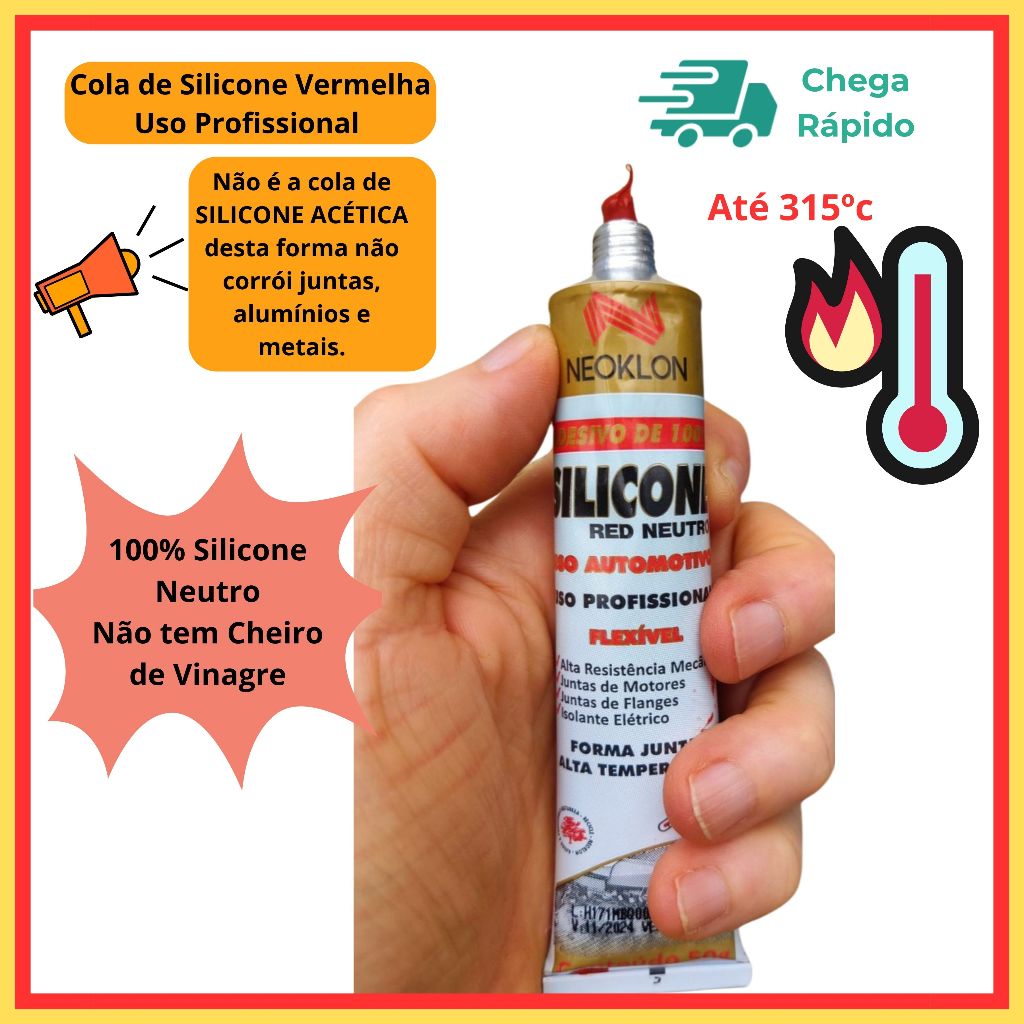 Cola Adesivo Silicone Alta Temperatura 315ºc Bloco Motor Radiador Escapamento  Vermelho Neoklon 50g