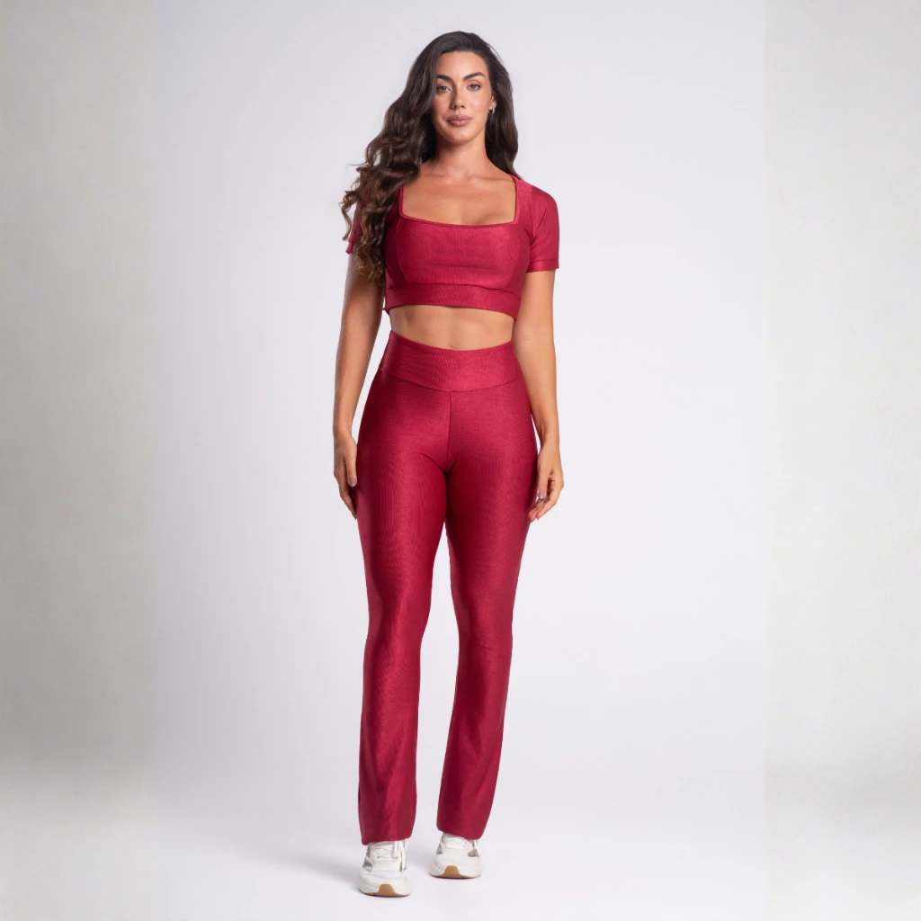 Conjunto Fitness Feminino Top Cropped e Calça Flare Bailarina Cintura Alta Luxo — imagem 1