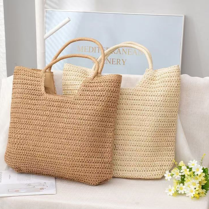 Bolsa Feminina de Palha Trançada | Estilo Praia Casual Elegante | Bolsa de Mão Leve Verão(HY003)
