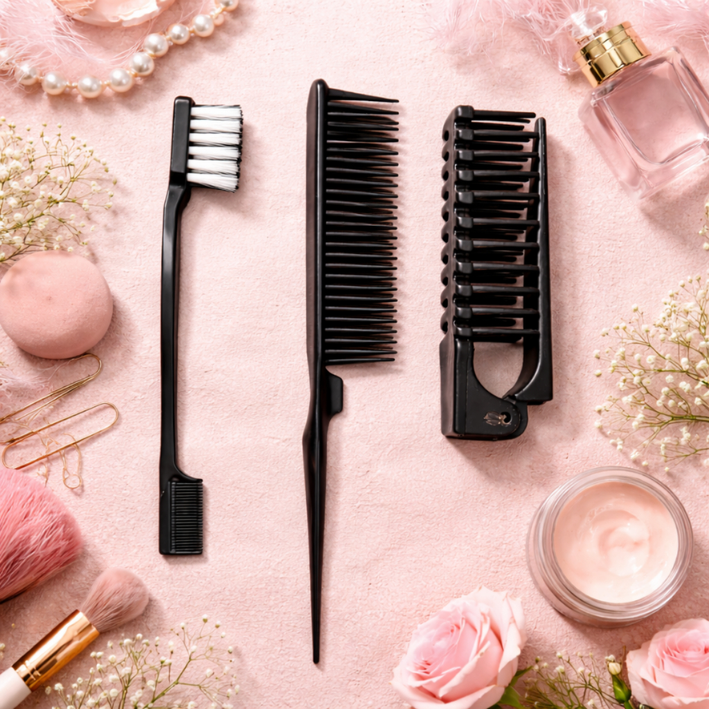 Kit Escova Baby Hair Escova Dobrável 5 Fileiras Pente Escova Tres fileiras  Para Fitagem E Penteados