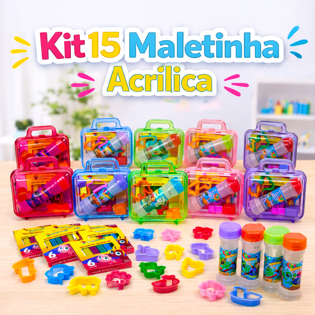 Kit 15 Massinha de Modelar + 15 Bolha de Sabão + 30 Cortador de Massinha + 15 Maletinha de Acrílico