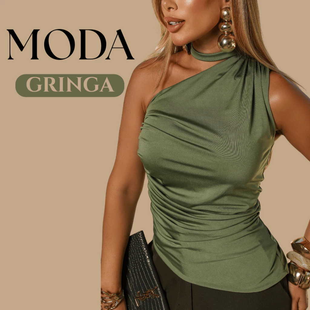 Blusa Feminina Nula Manga Amarração no Pescoço Gola Choker Estilosa Assimétrica Moda Blogueira Gringa Verão — imagem 1