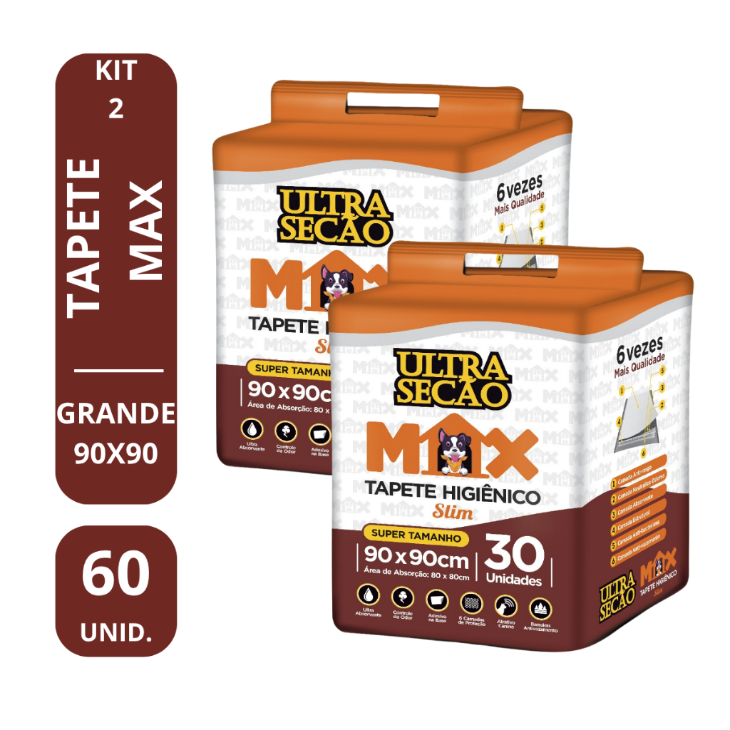 Kit 2 Tapetes para Cachorro Cães Higiênico Ultra Secão MAX Pet 90x90cm - 60 Unidades Envio Imediato