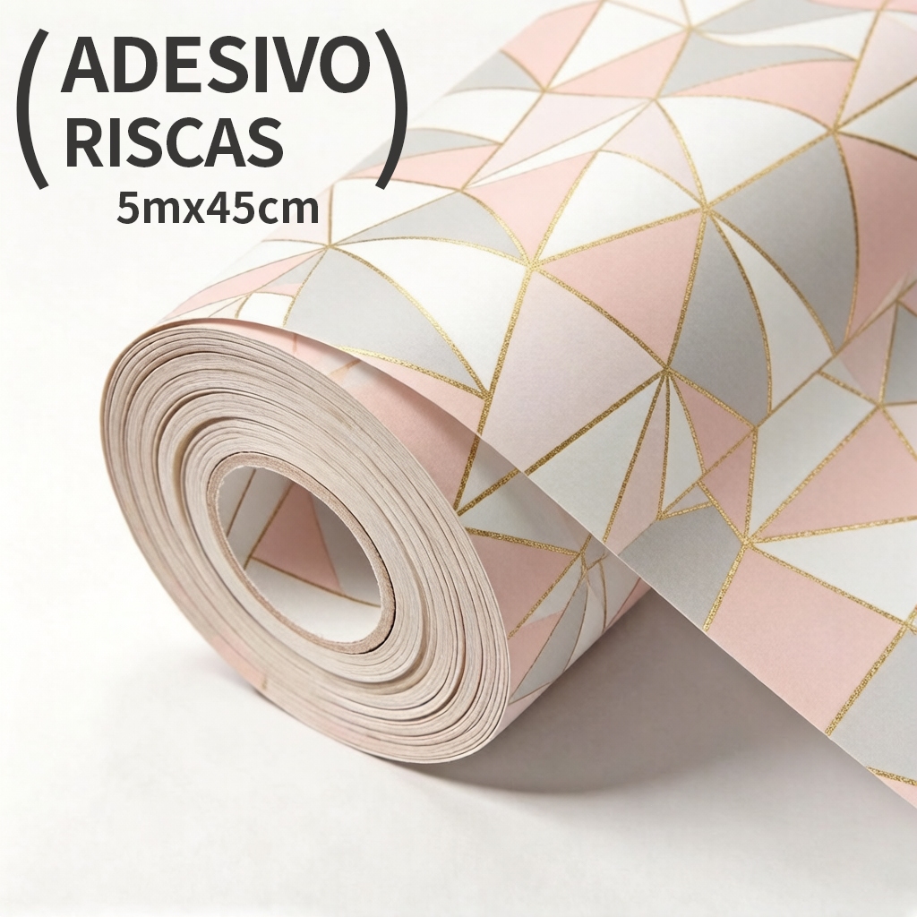 Papel de Parede Zara Rosa Cinza Dourado Geométrico 5 M x 45cm Adesivo Premium Quarto Sala