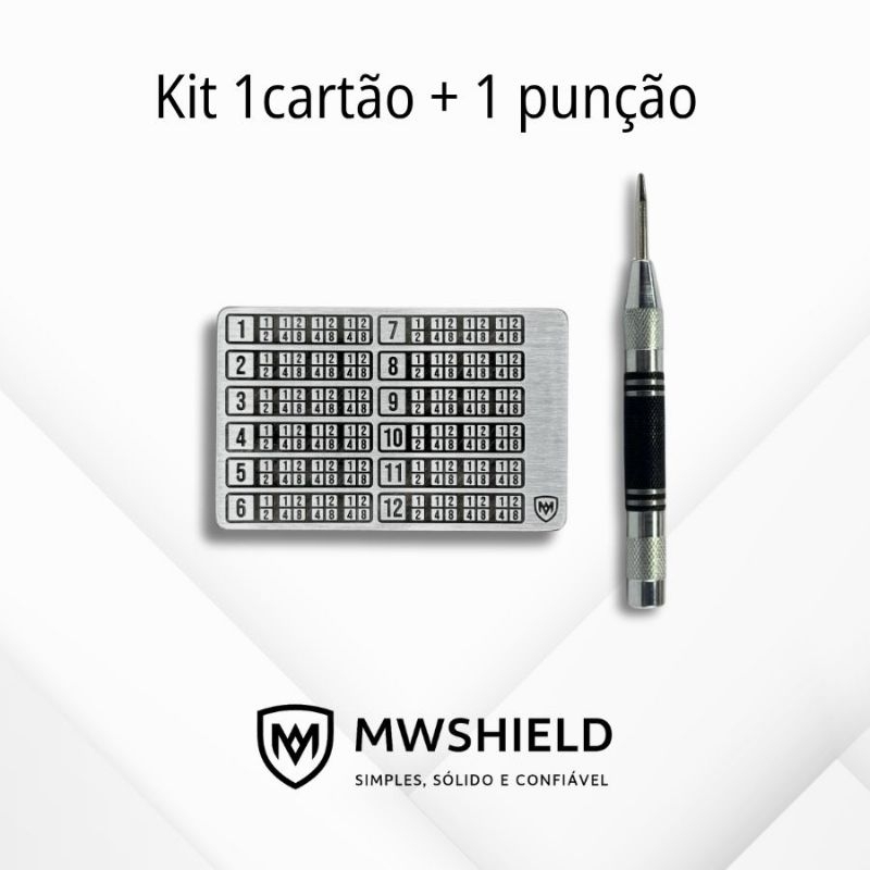 Carteira de Metal Bitcoin BIP 39 | Kit 1 cartão + punção | Cold Wallet p/ Seed Phrase | Cartão aço inox 12 palavras