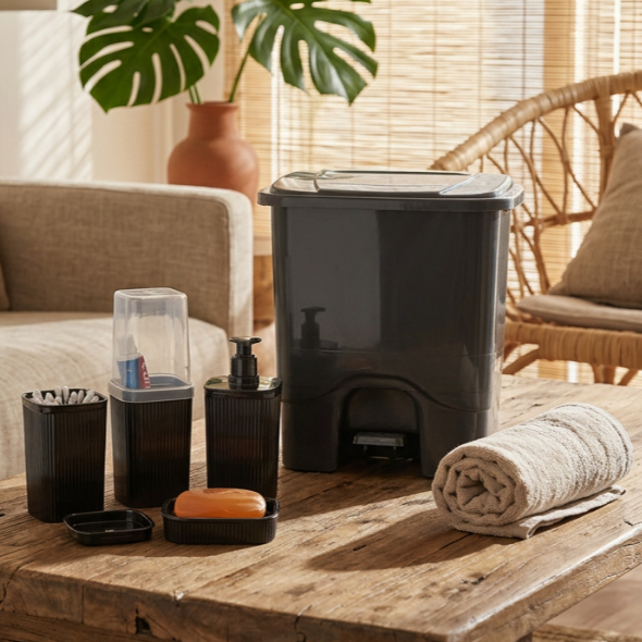 Kit Completo para Banheiro com Lixeira 13L, Porta Sabão Líquido, Porta Cotonete, Porta Escova e Saboneteira