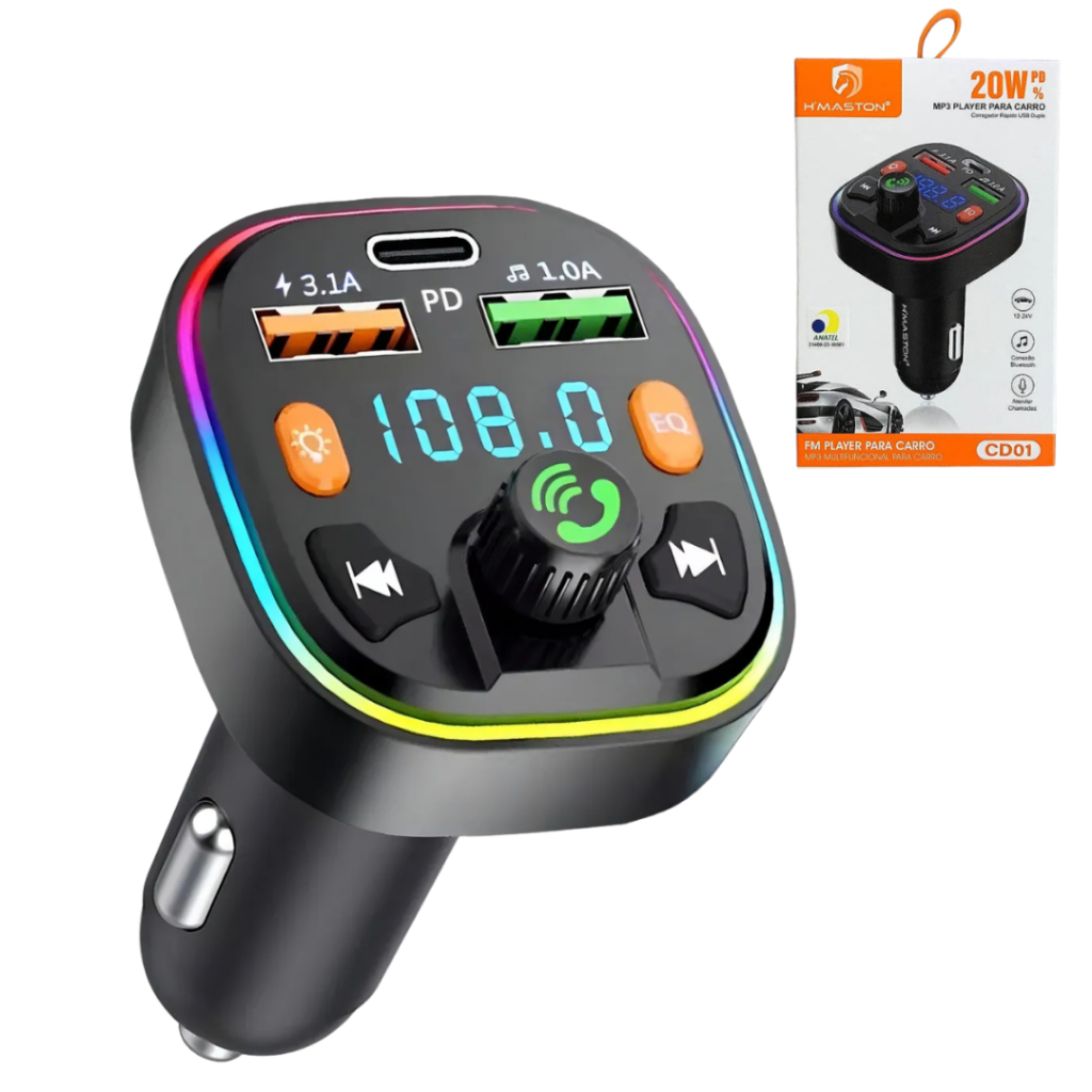 Adaptador Bluetooth FM para Carro 5.0 Carregador Turbo 20W USB-C PD Player MP3 Hands Free 🔊