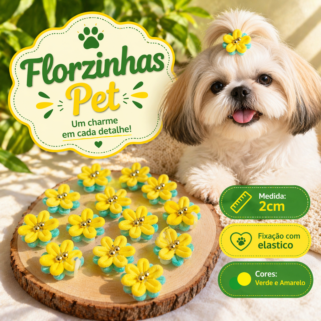 Laços Pet Penteado Florzinhas Pet Verde e Amarelo Lacinhos Pet Para Cães Laços Para Banho e Tosa Acessórios Pet Femea