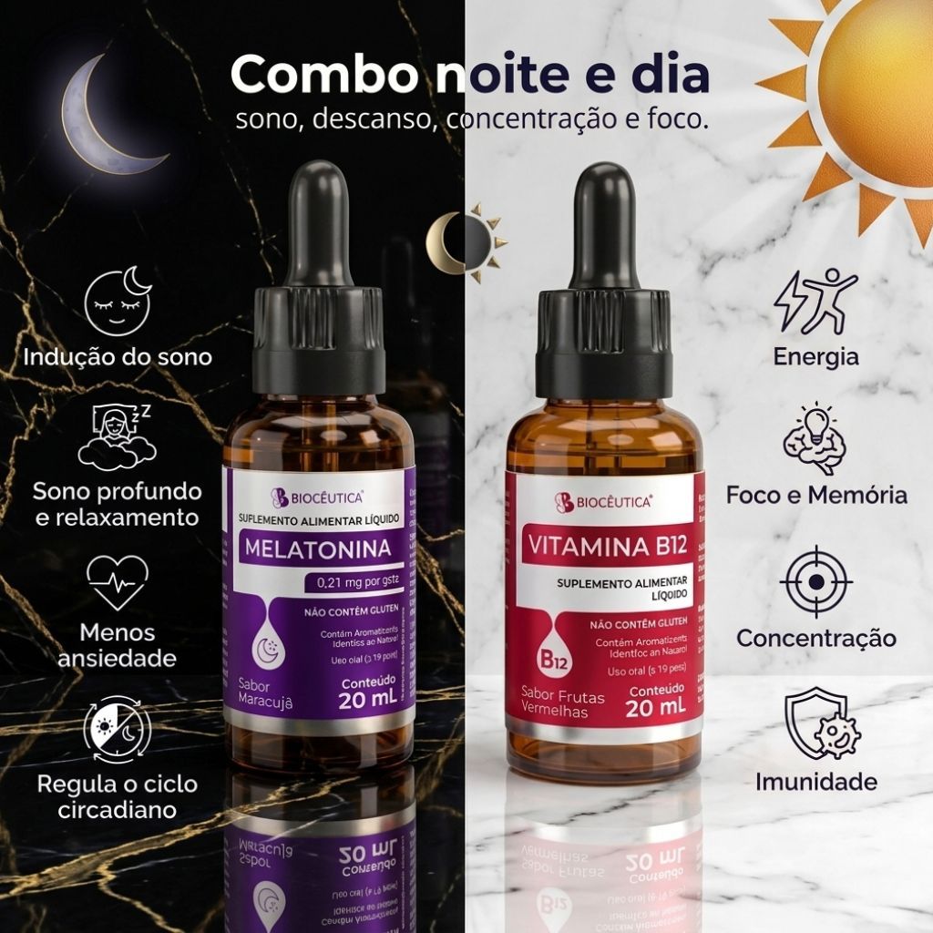 Combo sono e concentração - Melatonina e Vitamina b12 Liquida (Sabor delicioso) - 2 Frascos 40Ml