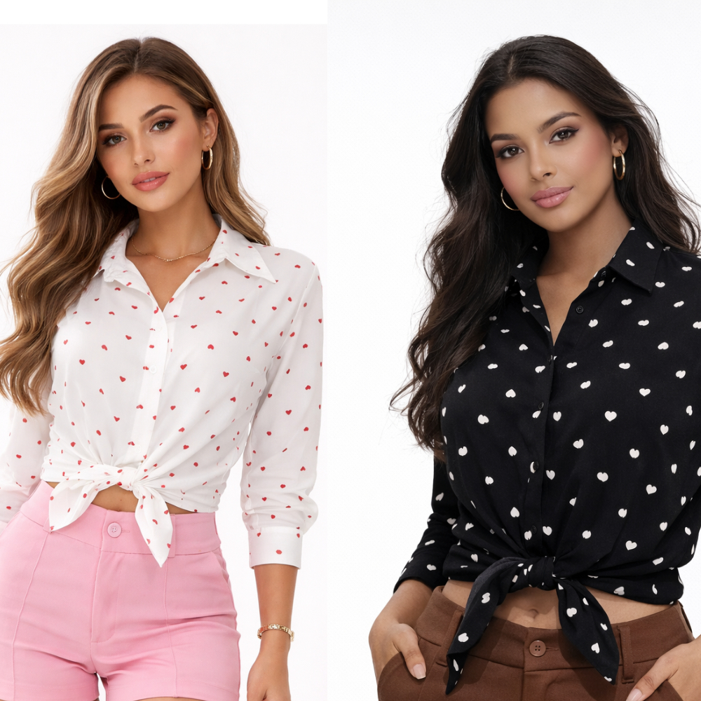 Camisa feminina estilo casual chique em crepe – estampa de coração com botões na frente
