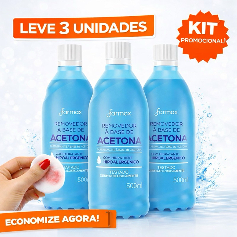 Kit C/3 Removedor de Esmalte com Acetona Farmax 500ml | Limpeza de Unhas Rápida Uso Profissional Manicure