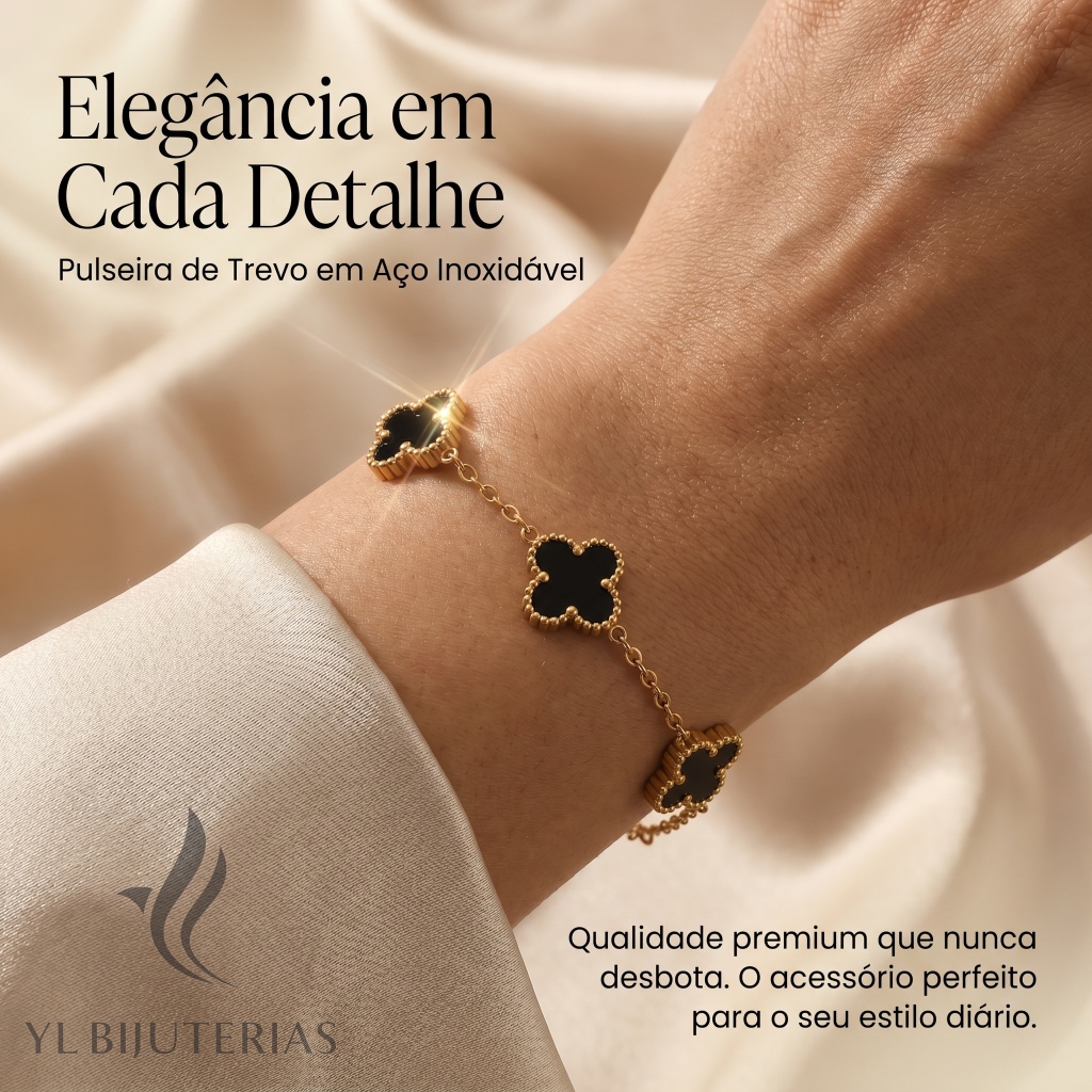 Pulseira Trevo 4 Folhas Aço Inoxidável 316L Resistente ao Desbotamento Banho Ouro 18k Presente Luxo