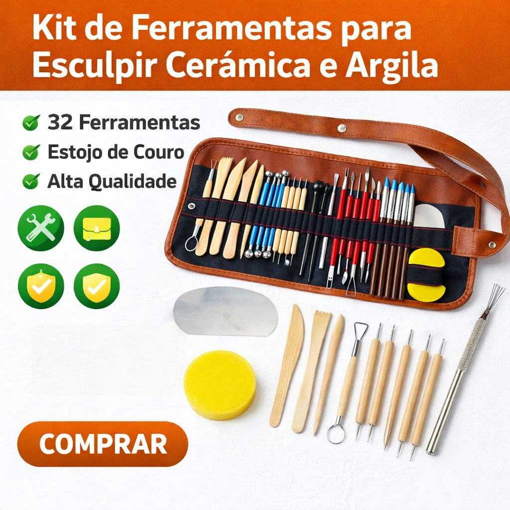 Kit Escultura Argila 33pcs Ferramentas Modelagem Cerâmica DIY Profissional Completo