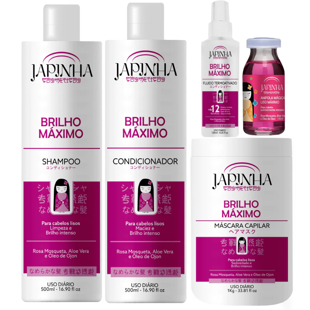 Kit Japinha Brilho Máximo Completo - Shampoo + Cond + Máscara + Protetor Térmico + Ampola Mágica