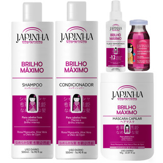 Kit Japinha Brilho Máximo Completo - Shampoo + Cond + Máscara + Protetor Térmico + Ampola Mágica