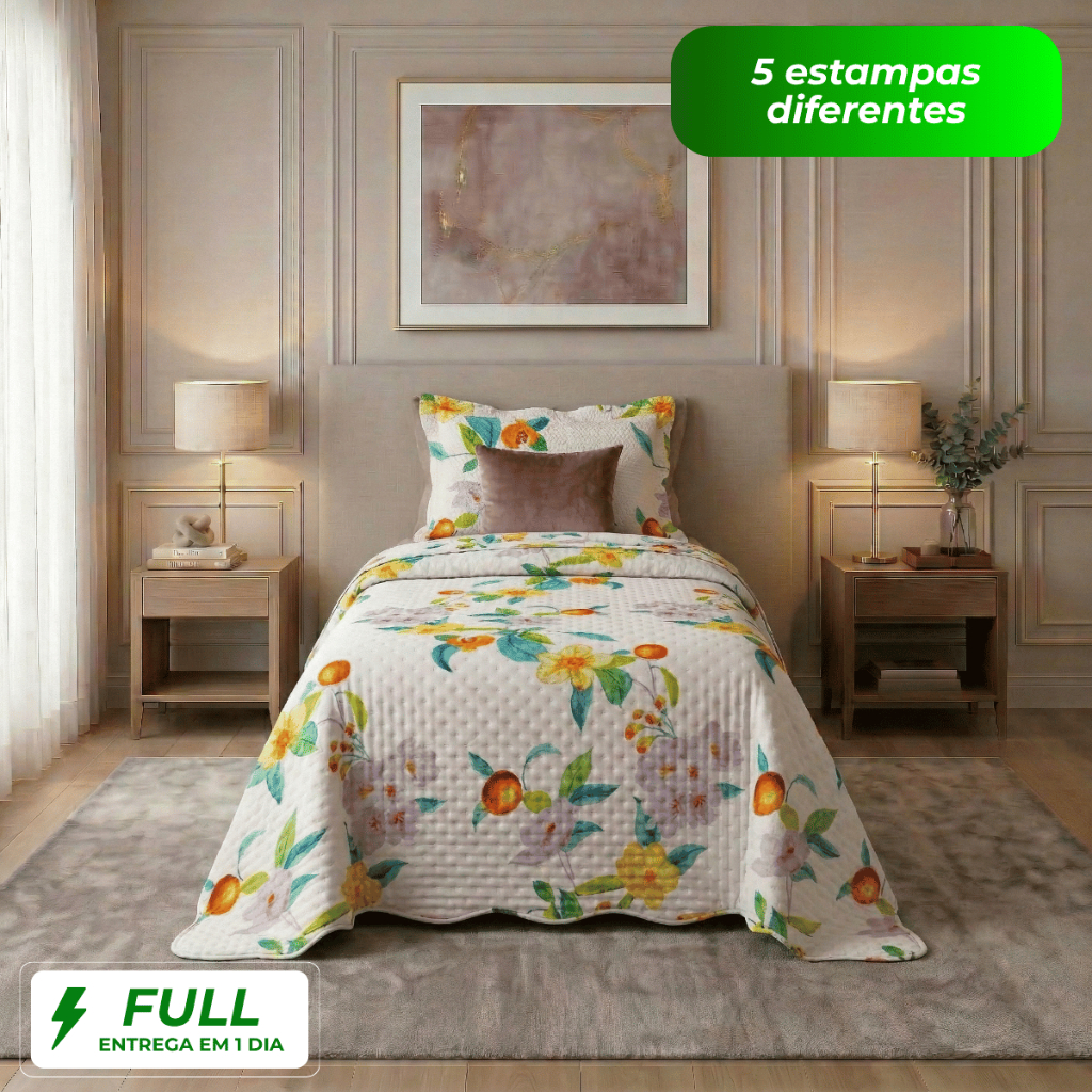 Kit Colcha Cobre Leito Solteiro 2 Peças Estampada Dupla Face Florida Matelado Percal Cama Box