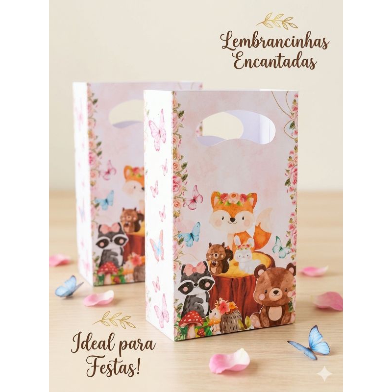 2 Sacolinhas surpresa,  bosque encantado,  rosa , papel Offset,  aniversário,  sacolas personalizadas, kits