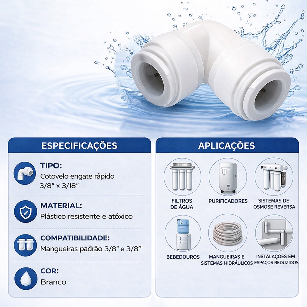 Conector Cotovelo Engate Rápido 3/8 x 3/8 – Filtro de Água, Purificador e Mangueira · foto 2