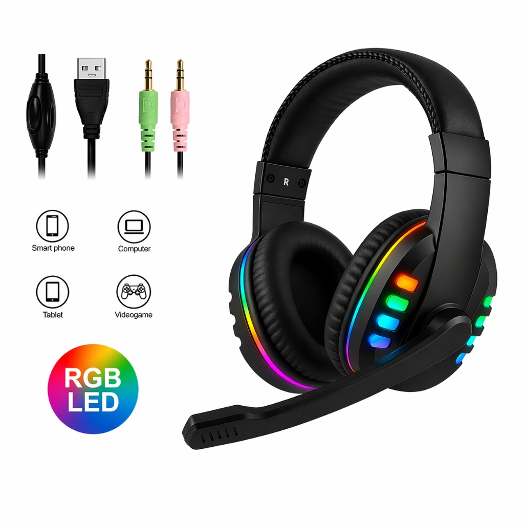 Headset Fone Gamer Led RGB com microfone USB e P2 Para PC Computador Headphone Videogame