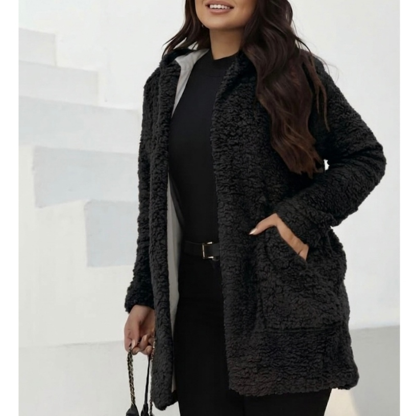 Casaco Teddy Feminino Forrado com Capuz Peluciado Inverno Quentinho Bolso Preto Branco Marrom M G GG G1 Plus Size Luxo