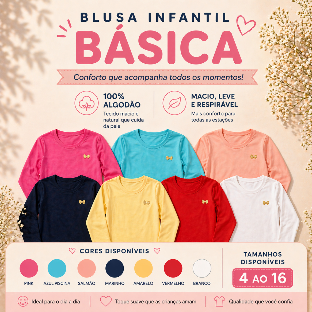 Camiseta manga longa infantil/juvenil menina
