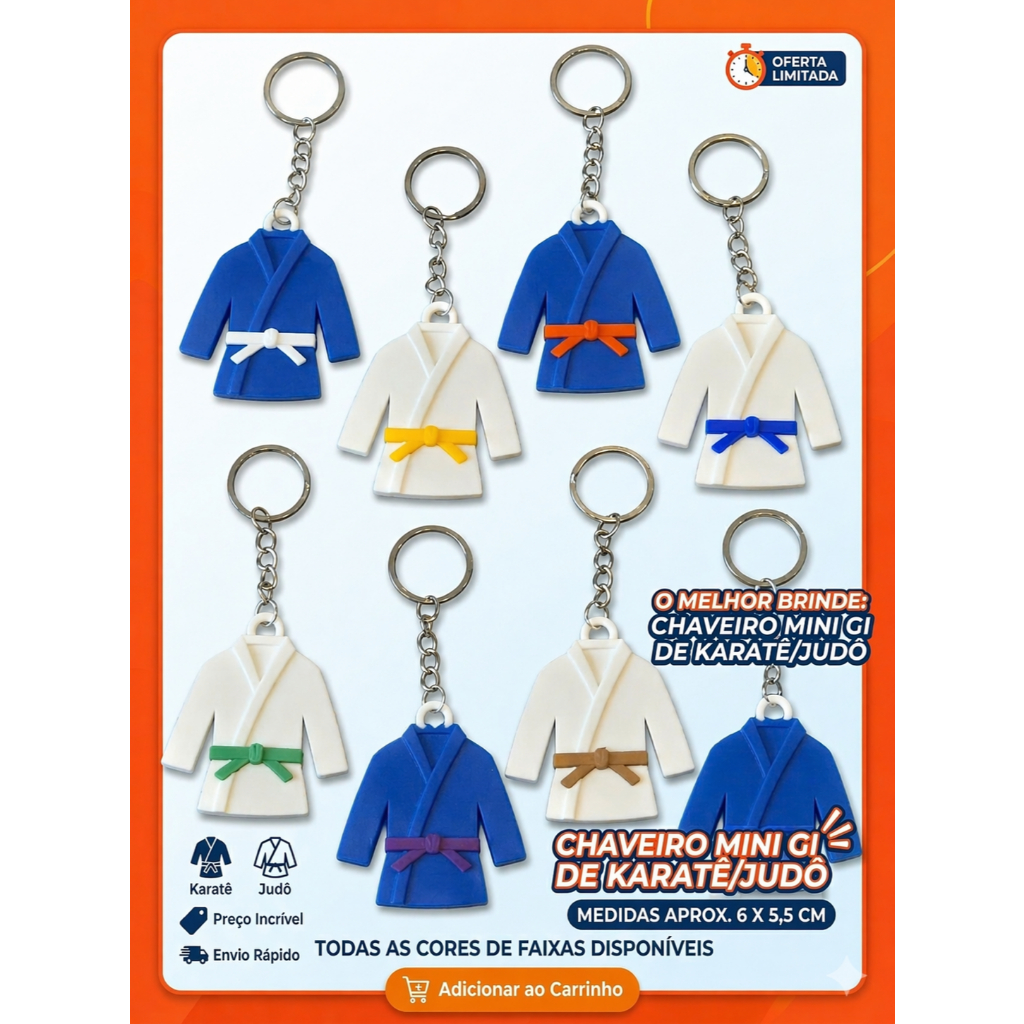 Chaveiro de Kimono Karatê/Judô 3D – Mini Gi com Faixa Colorida