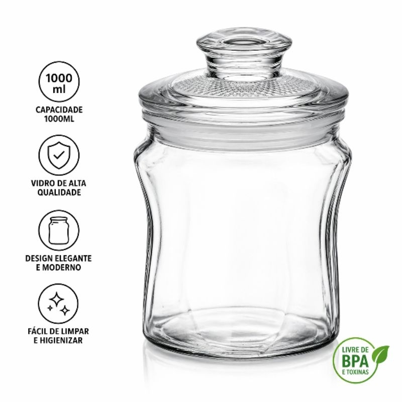 Pote de Vidro 1000ml com Tampa Hermética | Porta Mantimentos Cozinha Premium Alta Qualidade Resistente Transparente