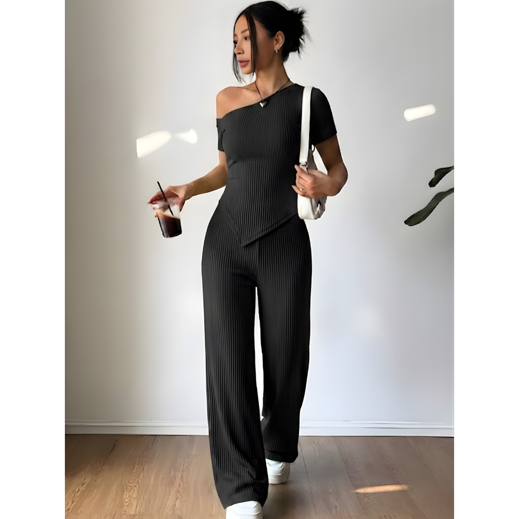 Conjunto Feminino Faby Blusa Assimétrica Manguinha + Calça Pantalona Estilosa e Confortável Inverno