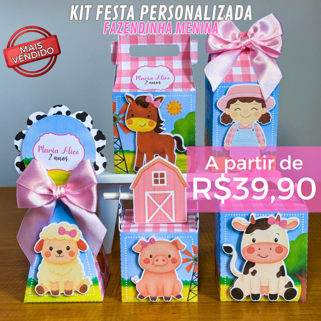 Kit Caixas FAZENDINHA MENINA ROSA Personalizadas + BRINDE / Lembrancinha de Festa /Aniversário