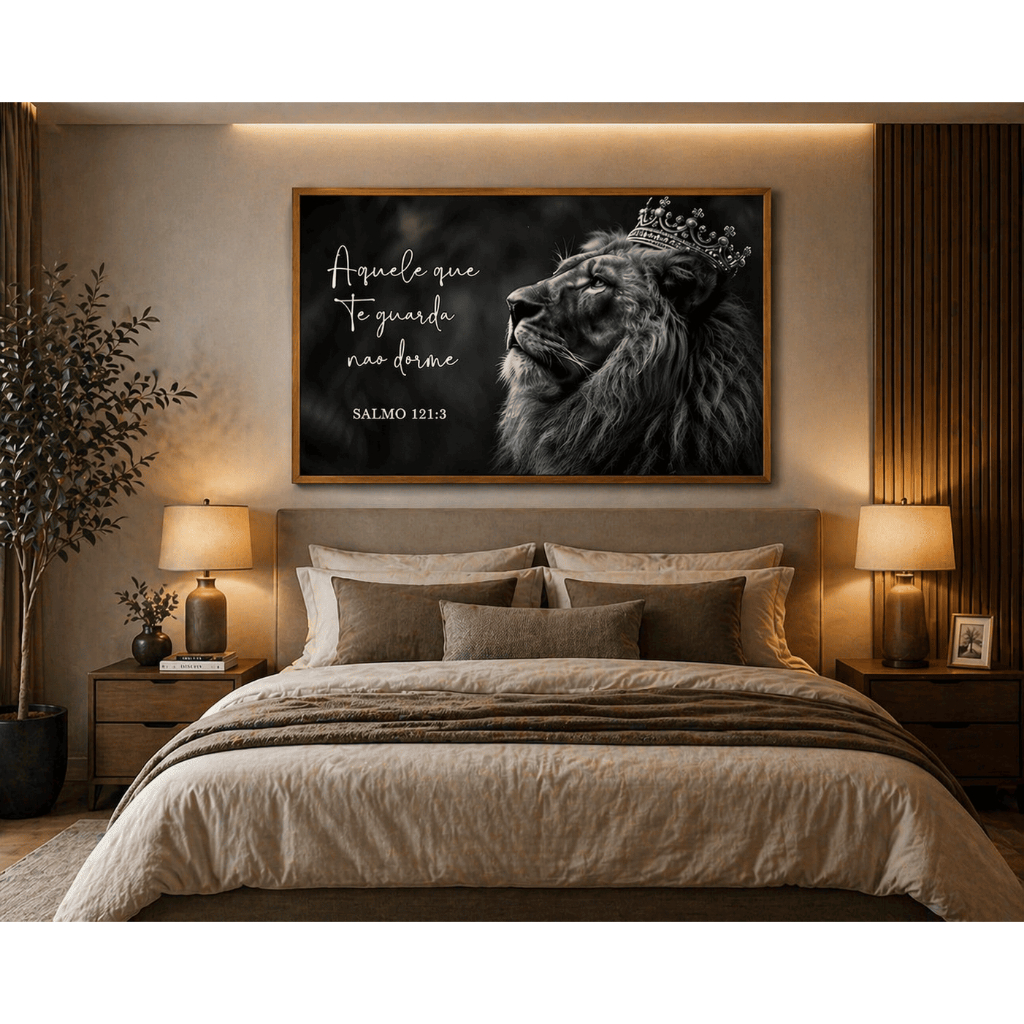 Quadro Decorativo Leão Coroa Salmo 121:3 Frase Religiosa com Moldura 50x75cm ou 60x90cm Sala e Quarto — imagem 2 de 2