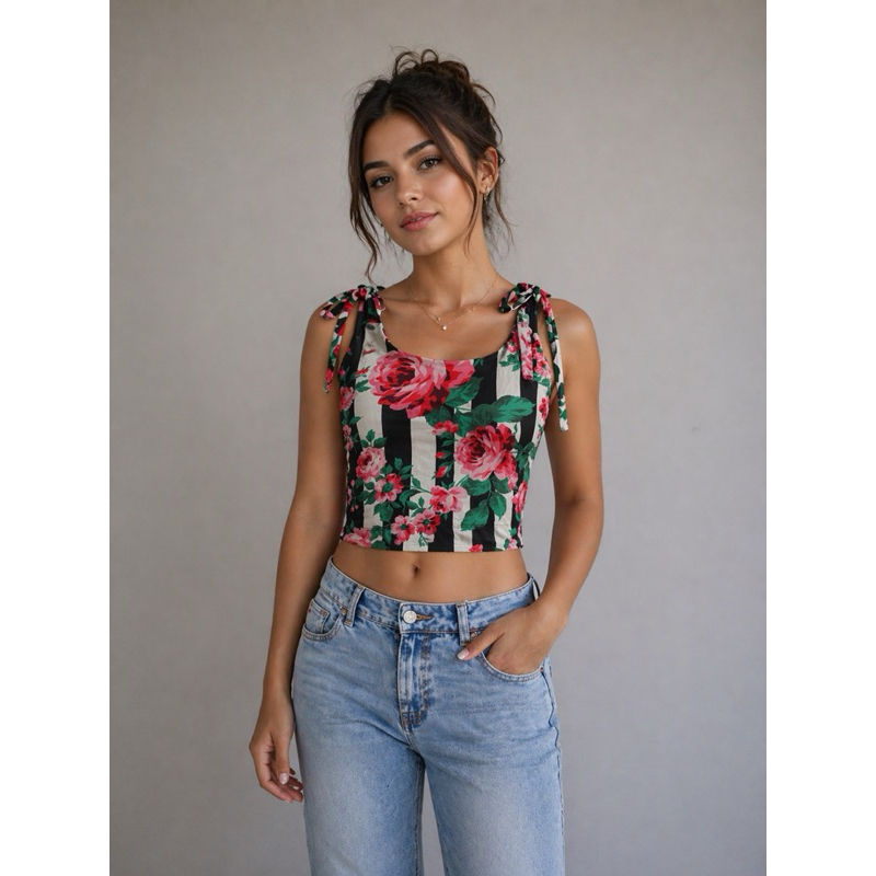 Blusa Cropped Feminina Amarração no Ombro Estampa Floral Listrada Verão Moda 2026