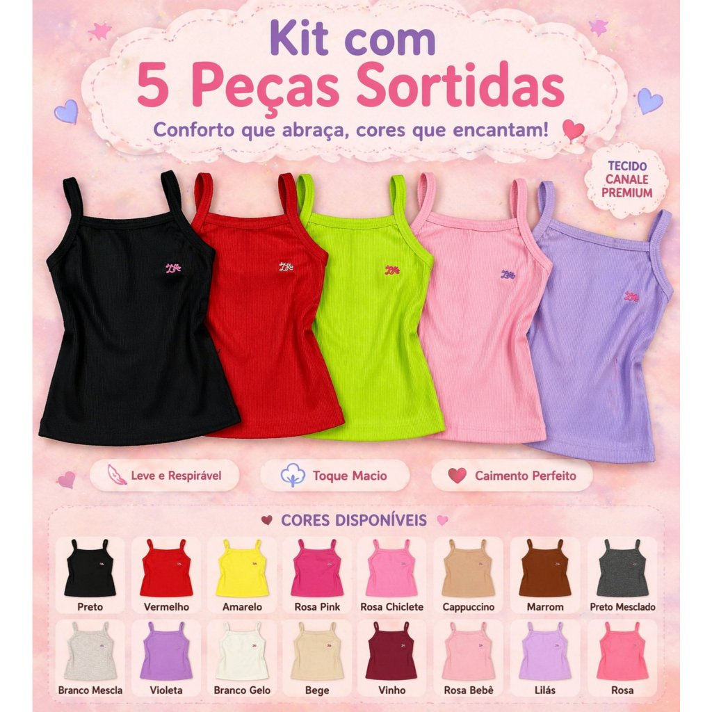 Kit 5 Regatas Femininas Alcinha Juvenil/Infantil - Oferta Imperdível